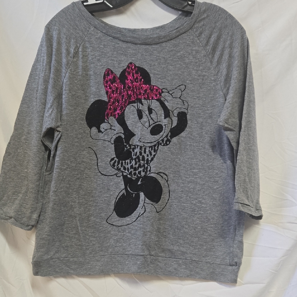 Disney Minnie Mouse Long Sleeve Gray Shirt with Pink Bow